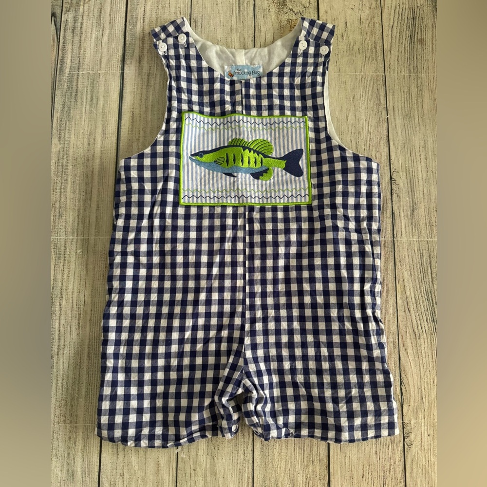 Blue Checkered Kids Romper with Fish Design